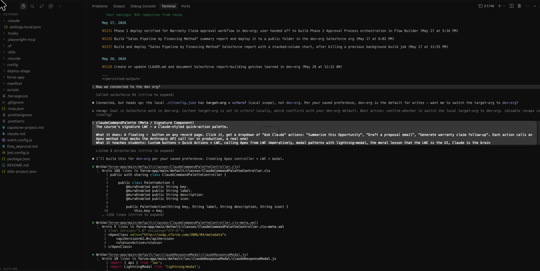 Cursor terminal showing a plain-English prompt describing the claudeCommandPalette LWC.