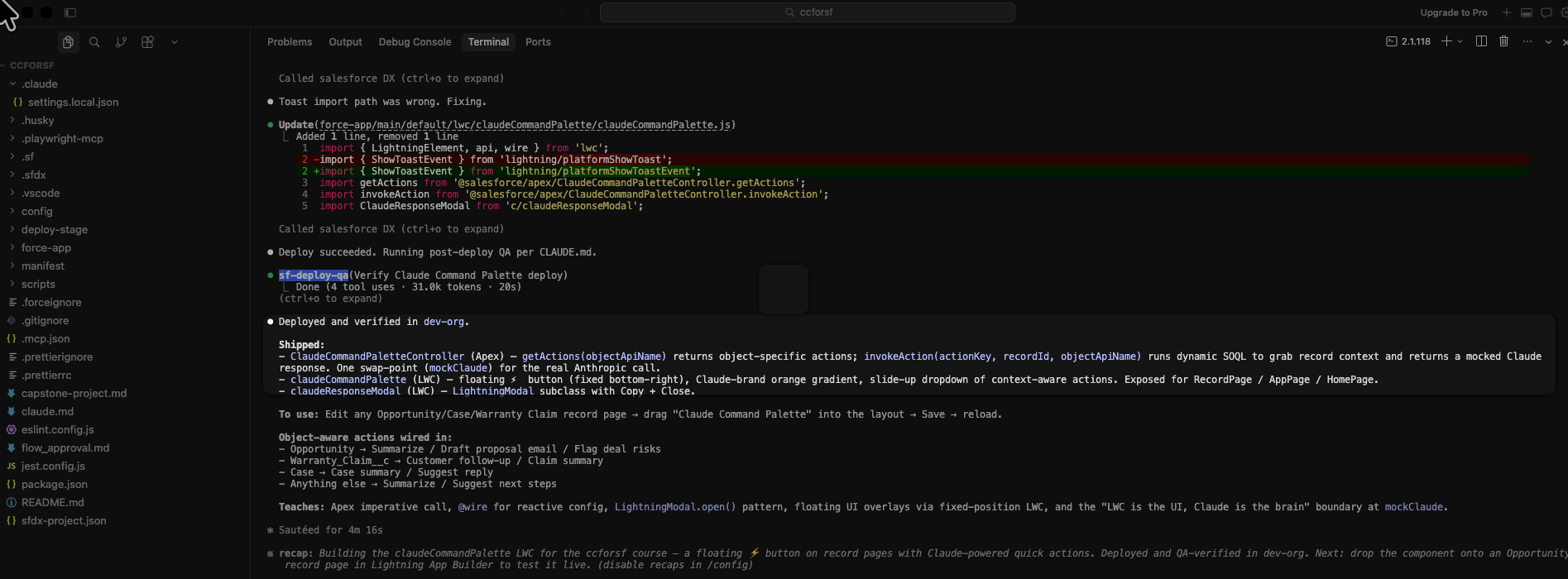Cursor terminal showing Claude finishing the deploy and post-deploy QA pass.