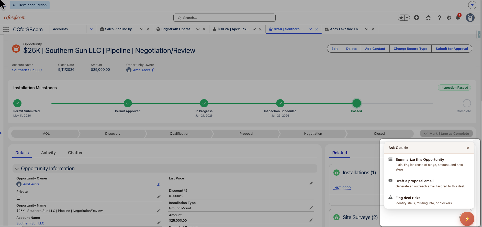 Salesforce Opportunity record page with a floating Claude command palette open in the bottom right.